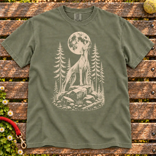 Weimaraner Howling at Moon design on a Moss T-shirt shown flat