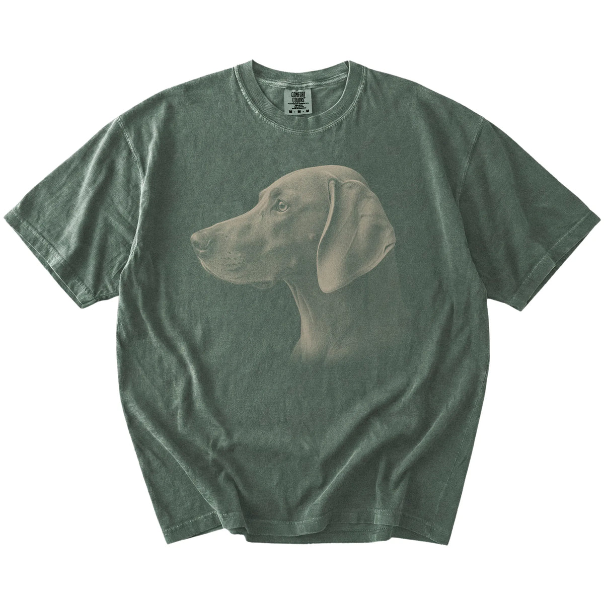 A detailed photographic portrait of a Weimaraner on a Moss Comfort Colors® T-shirt