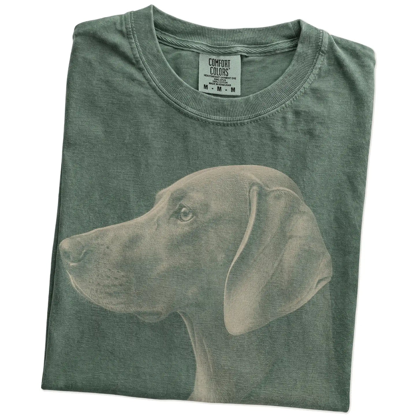 Folded Moss Comfort Colors® T-shirt showing a detailed photographic portrait of a Weimaraner