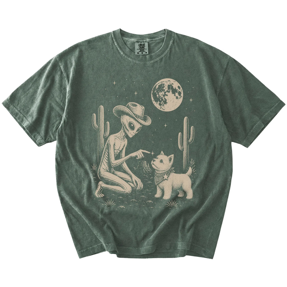 Cowboy alien fist-bumping a Westie beneath the moon on a Moss Comfort Colors® T-shirt