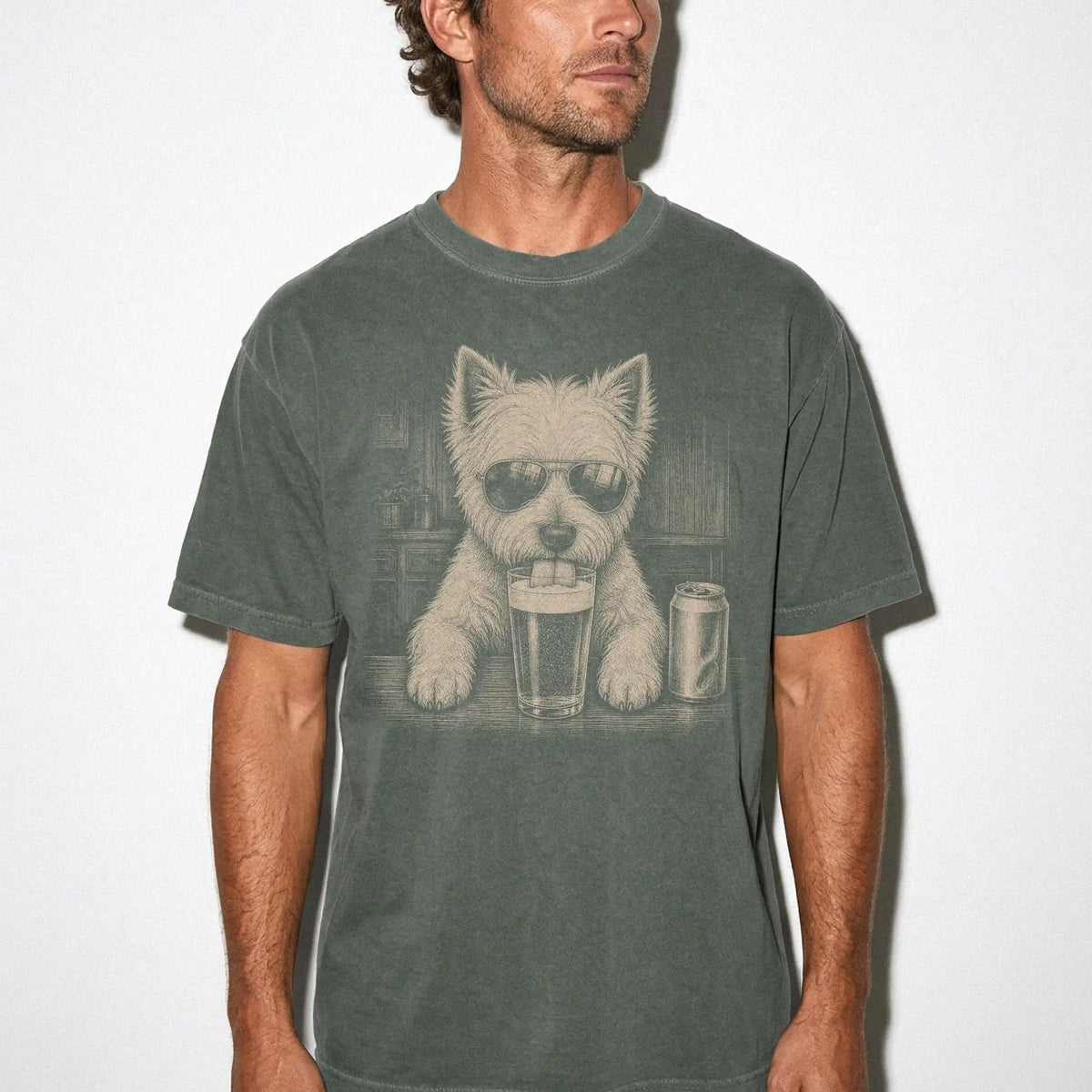 Model wearing a Moss Comfort Colors® t-shirt with Westie sneaking a drink from a pint