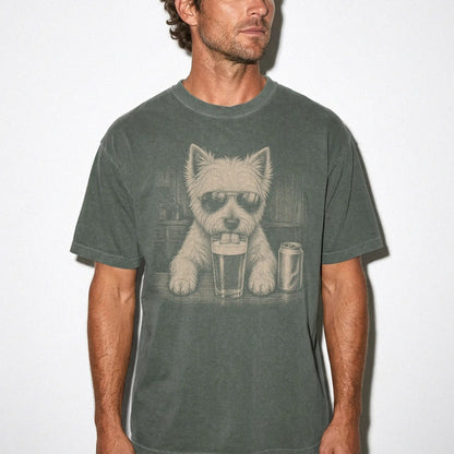Model wearing a Moss Comfort Colors® t-shirt with Westie sneaking a drink from a pint