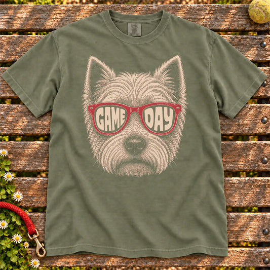 Westie Game Day design on a Moss Comfort Colors T-shirt, shown flat