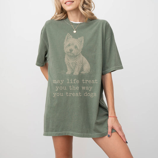 Woman wearing a Moss Westie Karma T-Shirt