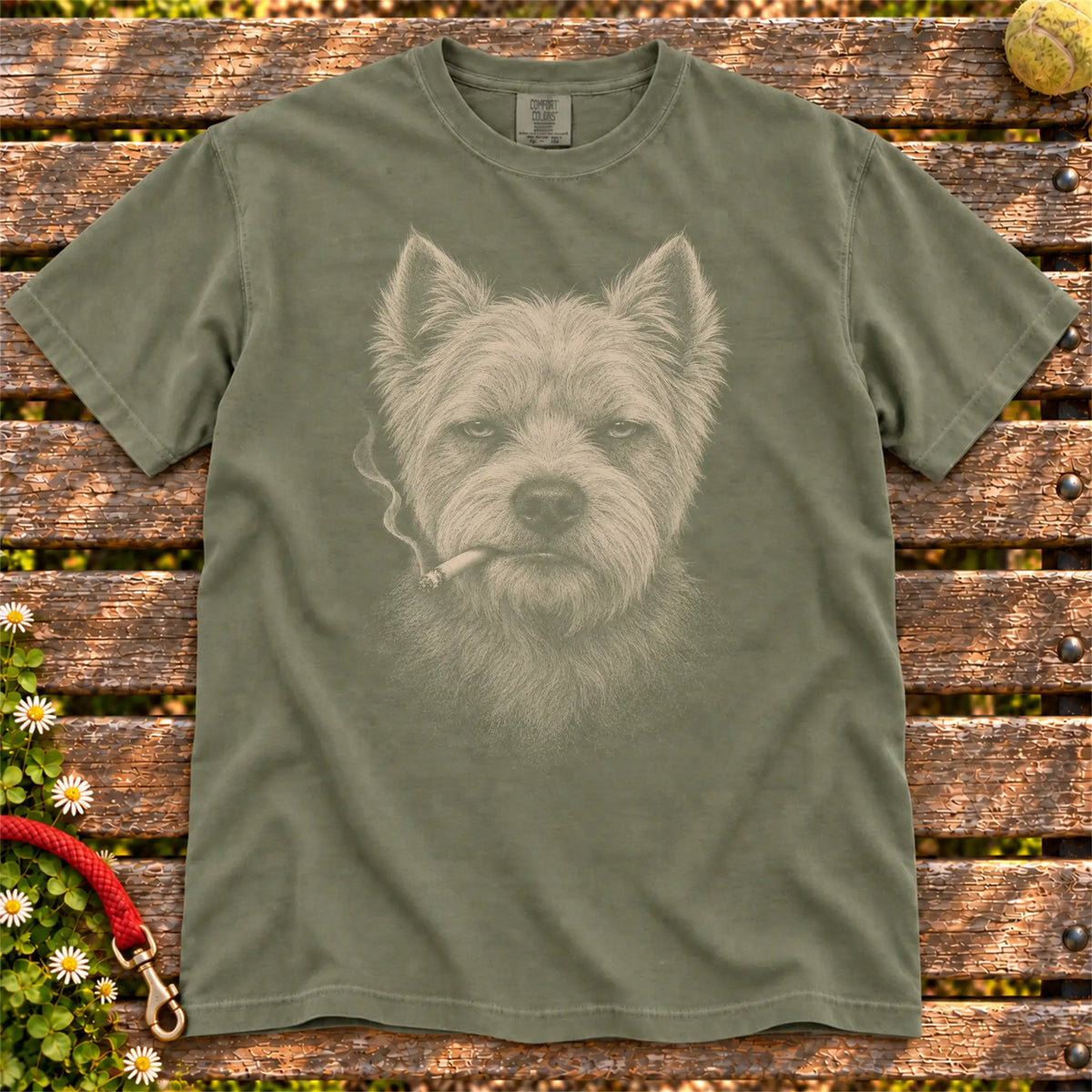 Westie smoking design on a Moss t-shirt