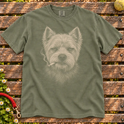 Westie smoking design on a Moss t-shirt
