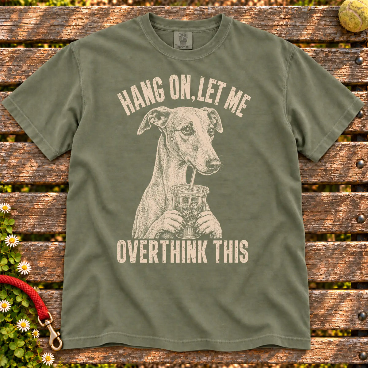 Overthinking Whippet design on a Moss Comfort Colors T-shirt, shown flat