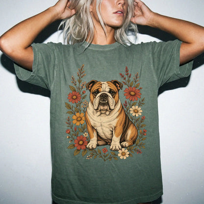 Model wearing a Moss Comfort Colors® T-shirt showing Bulldog portrait surrounded by wildflowers beneath the moon