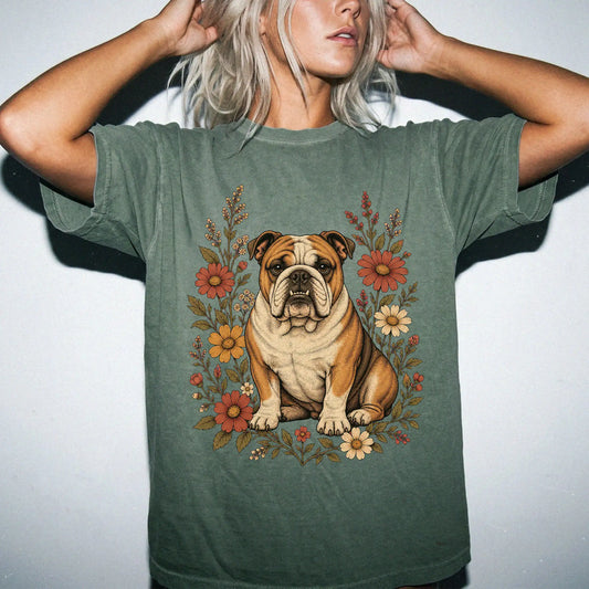 Model wearing a Moss Comfort Colors® T-shirt showing Bulldog portrait surrounded by wildflowers beneath the moon