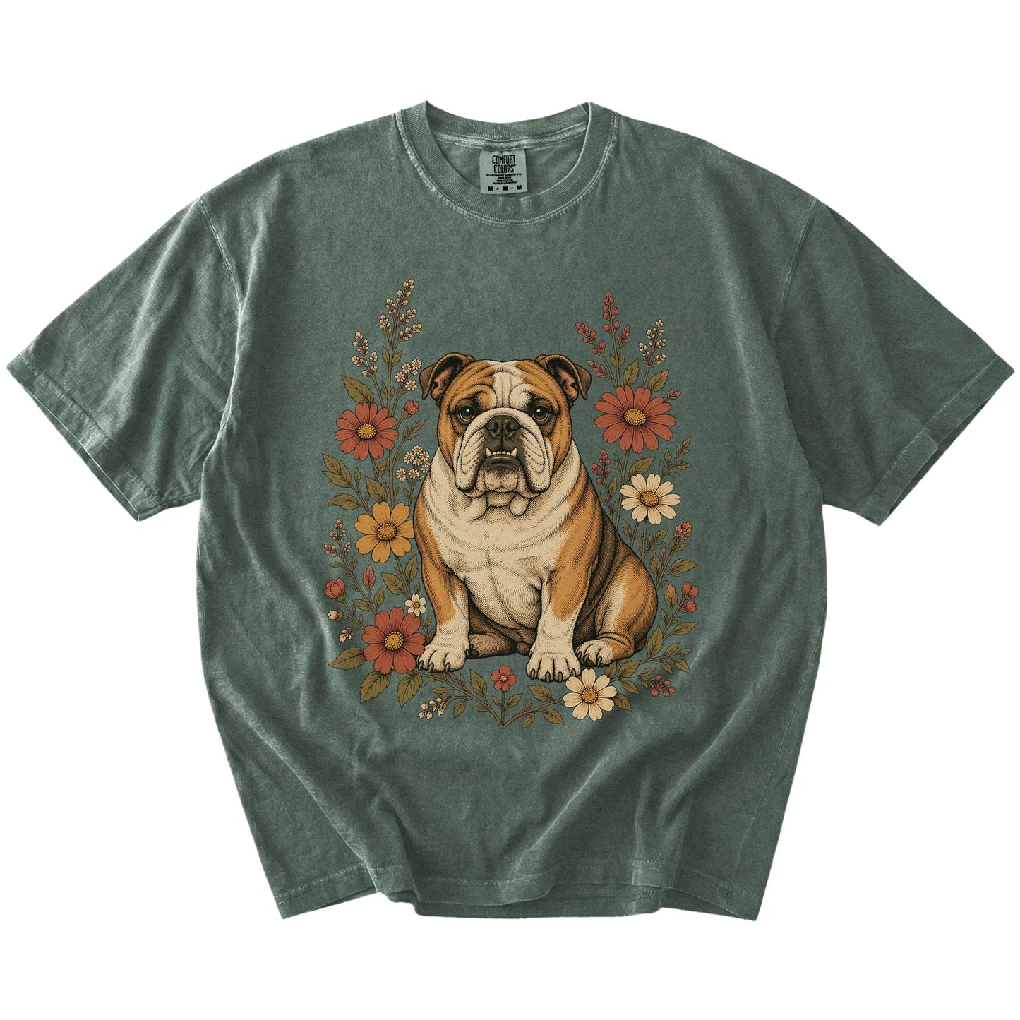Bulldog portrait surrounded by wildflowers beneath the moon on a Moss Comfort Colors® T-shirt