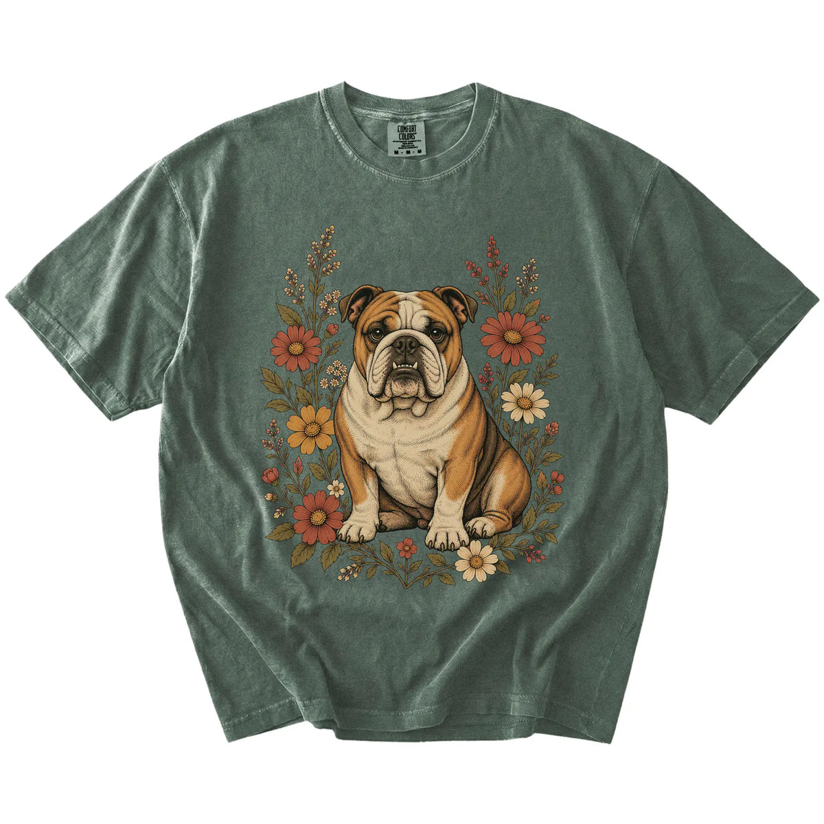 Bulldog portrait surrounded by wildflowers beneath the moon on a Moss Comfort Colors® T-shirt