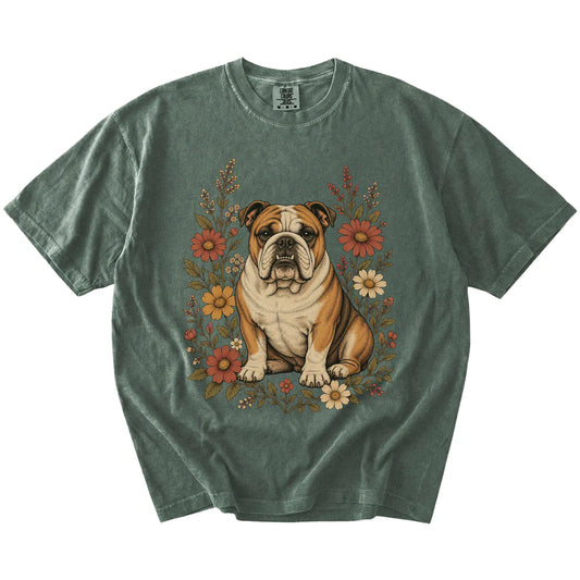 Bulldog portrait surrounded by wildflowers beneath the moon on a Moss Comfort Colors® T-shirt