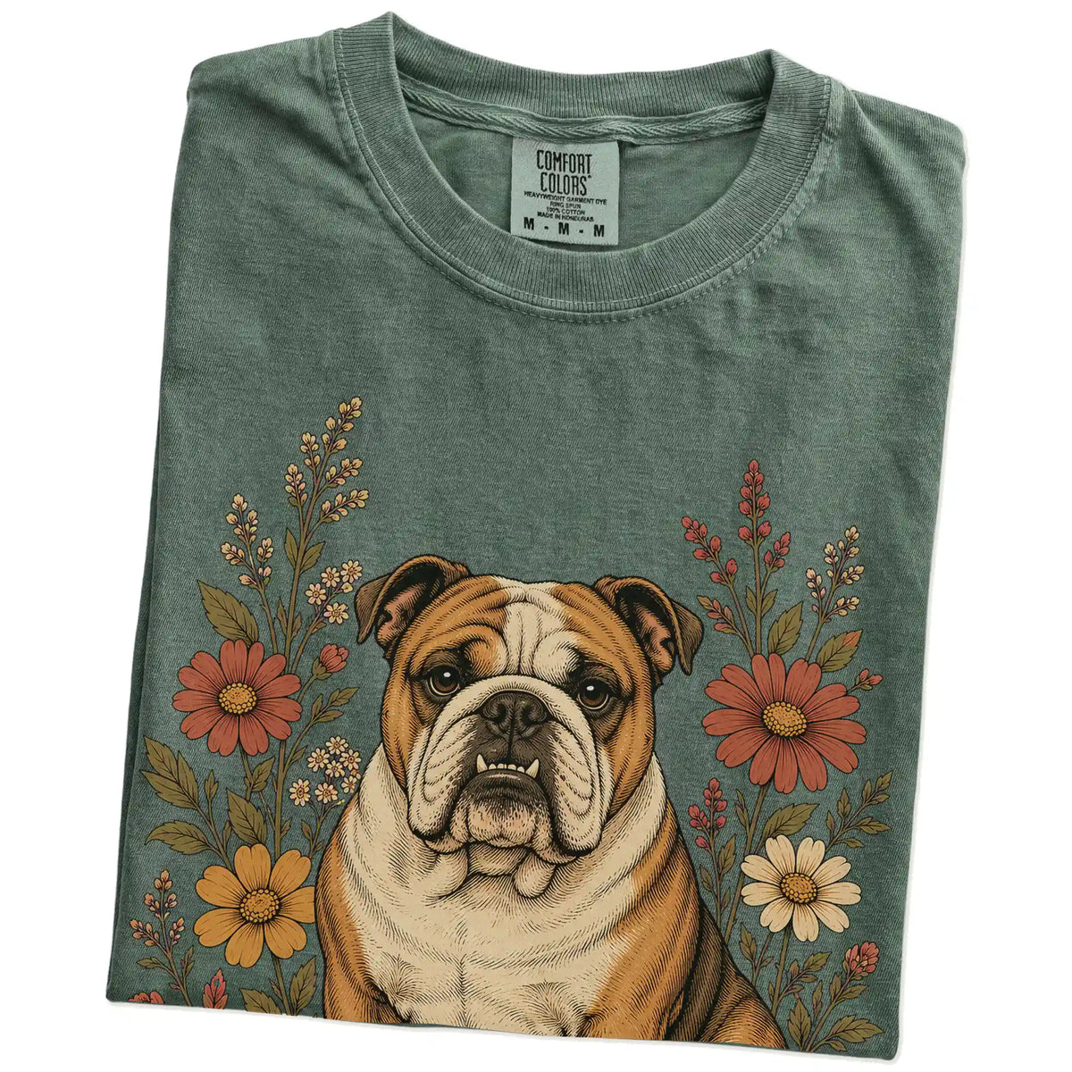 Folded Moss Comfort Colors® T-shirt showing Bulldog portrait surrounded by wildflowers beneath the moon