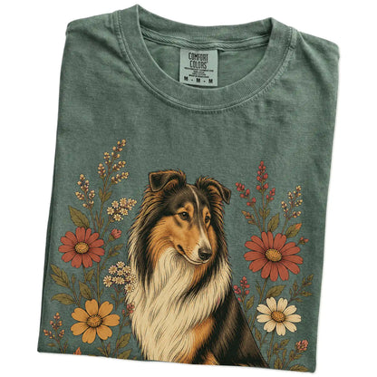 Folded Moss Comfort Colors® T-shirt showing Collie portrait surrounded by wildflowers beneath the moon