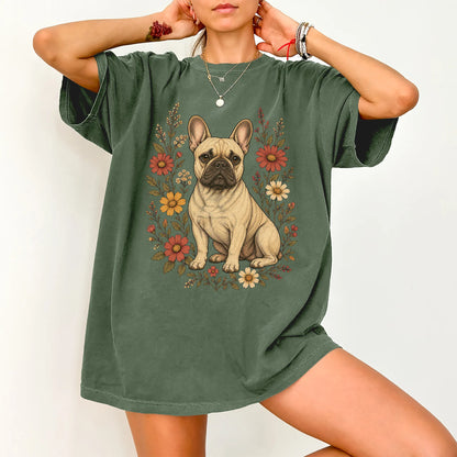 Model wearing a Moss Comfort Colors® T-shirt showing French Bulldog portrait surrounded by wildflowers beneath the moon