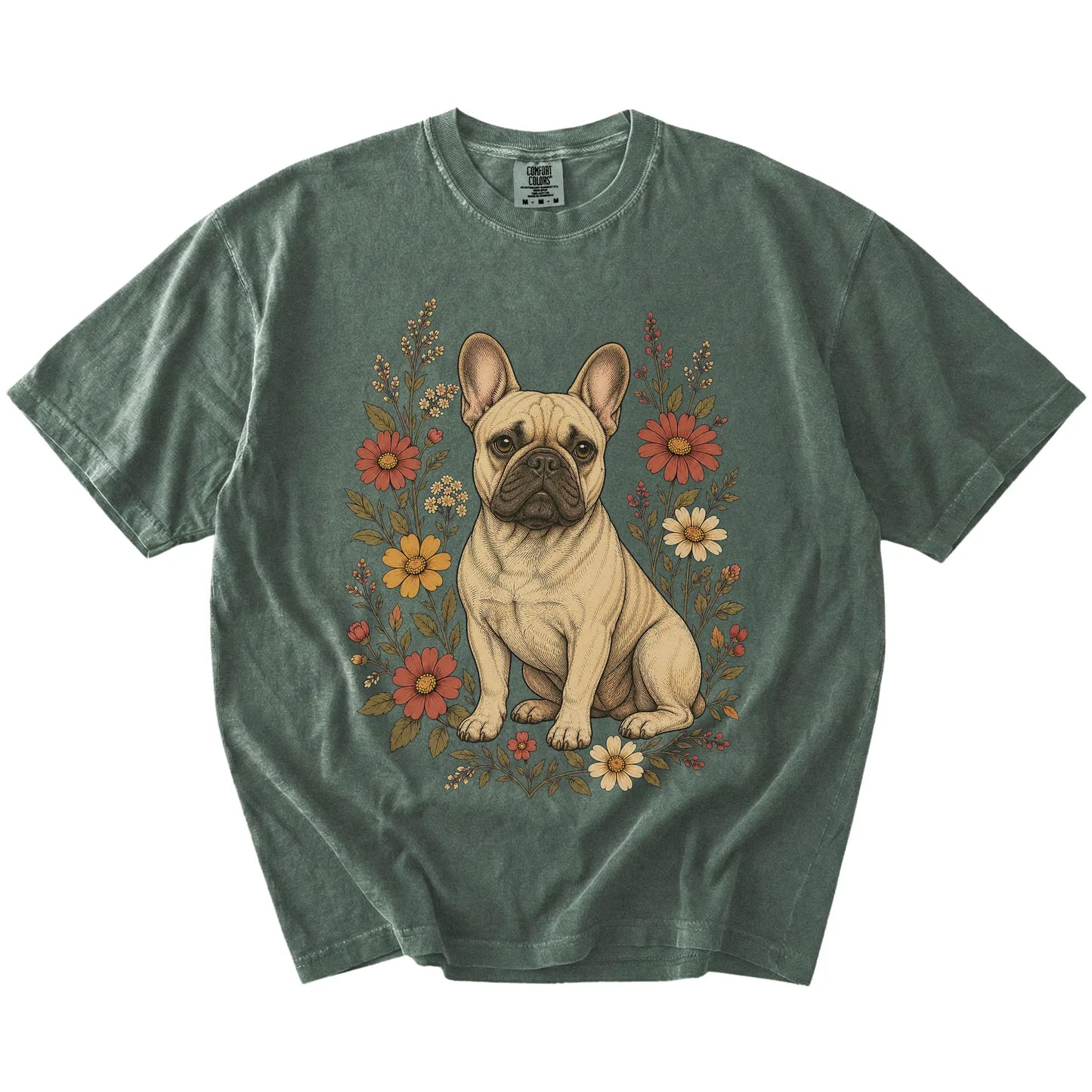 French Bulldog portrait surrounded by wildflowers beneath the moon on a Moss Comfort Colors® T-shirt