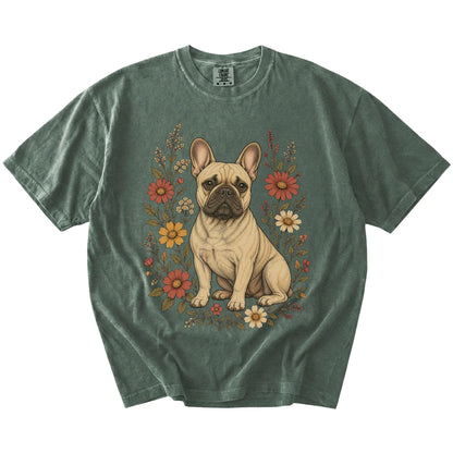 French Bulldog portrait surrounded by wildflowers beneath the moon on a Moss Comfort Colors® T-shirt