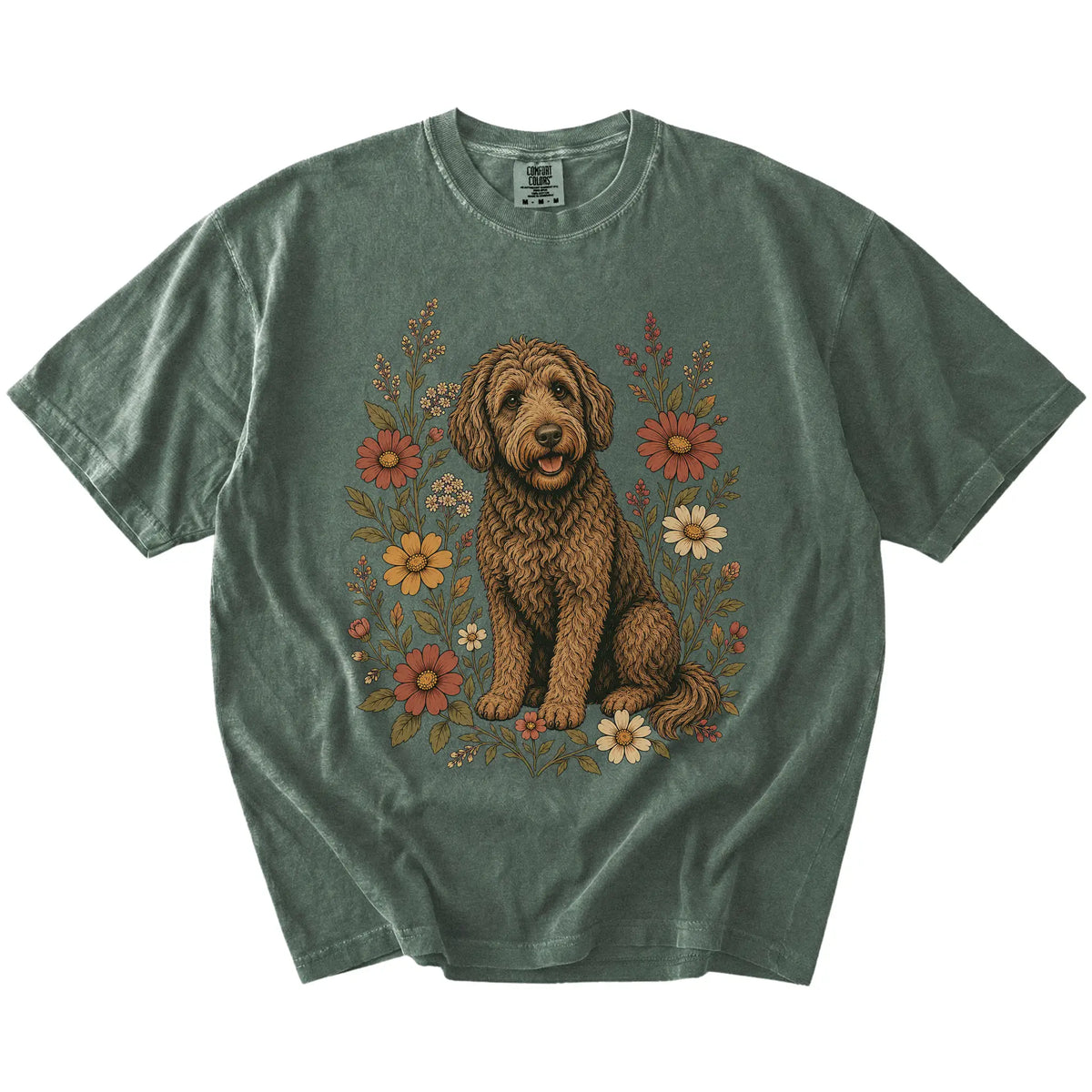 Labradoodle portrait surrounded by wildflowers beneath the moon on a Moss Comfort Colors® T-shirt