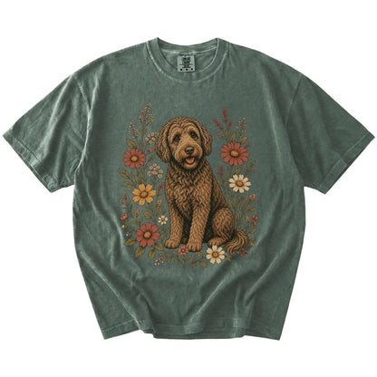 Labradoodle portrait surrounded by wildflowers beneath the moon on a Moss Comfort Colors® T-shirt