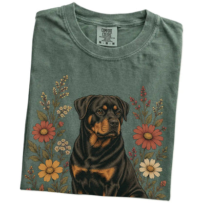 Folded Moss Comfort Colors® T-shirt showing Rottweiler portrait surrounded by wildflowers beneath the moon