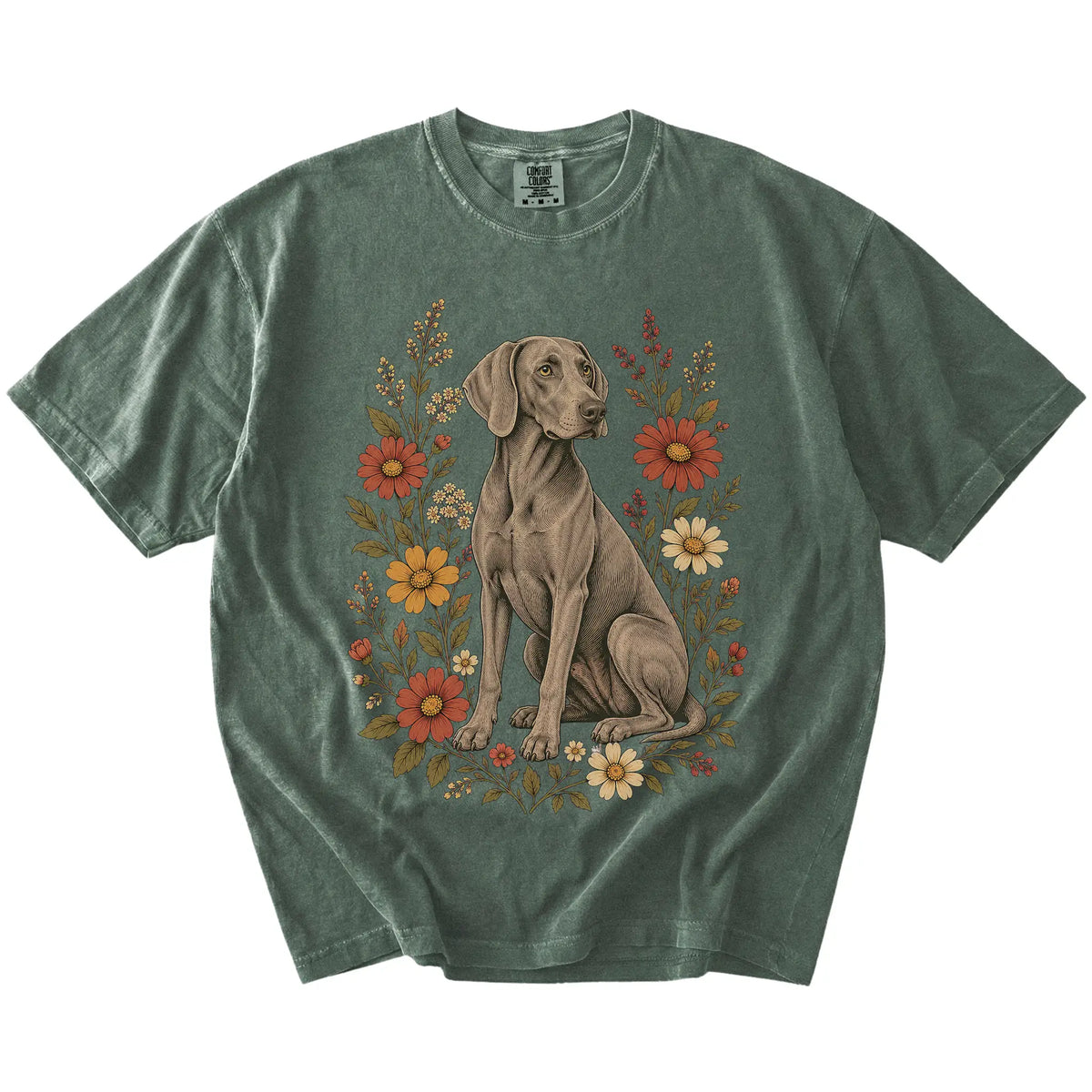 Weimaraner portrait surrounded by wildflowers beneath the moon on a Moss Comfort Colors® T-shirt
