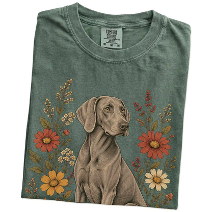 Folded Moss Comfort Colors® T-shirt showing Weimaraner portrait surrounded by wildflowers beneath the moon