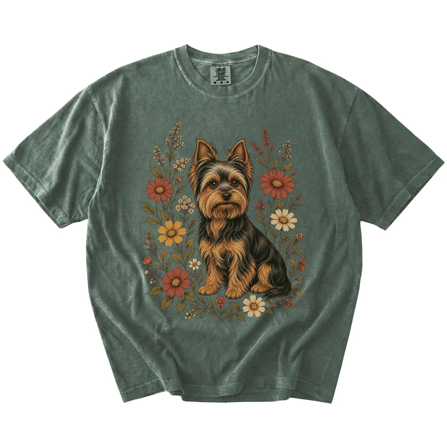 Yorkie portrait surrounded by wildflowers beneath the moon on a Moss Comfort Colors® T-shirt