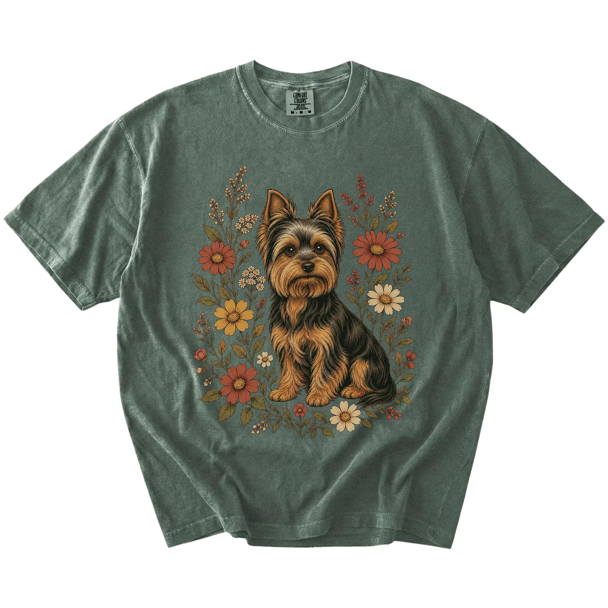 Yorkie portrait surrounded by wildflowers beneath the moon on a Moss Comfort Colors® T-shirt
