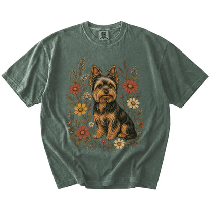 Yorkie portrait surrounded by wildflowers beneath the moon on a Moss Comfort Colors® T-shirt