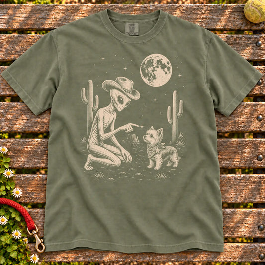 Yorkie Cowboy and Alien on a Moss T-shirt, shown flat