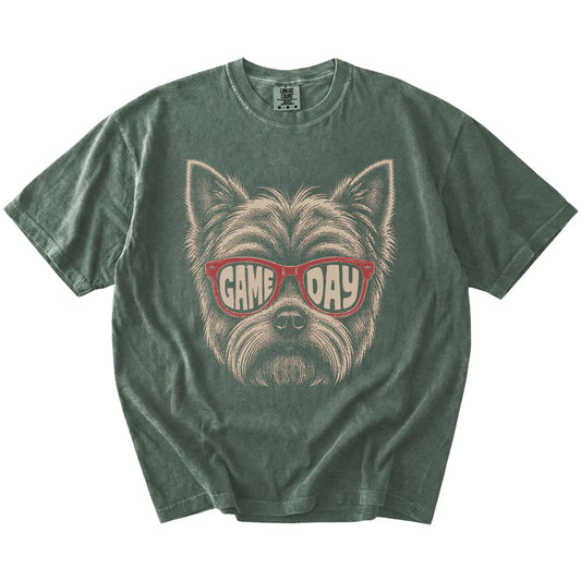 Yorkie wearing red Game Day sunglasses on a Moss Comfort Colors® T-shirt