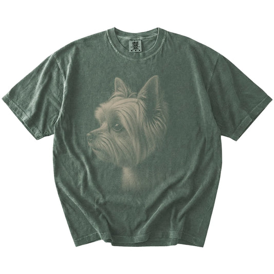 A detailed photographic portrait of a Yorkie on a Moss Comfort Colors® T-shirt