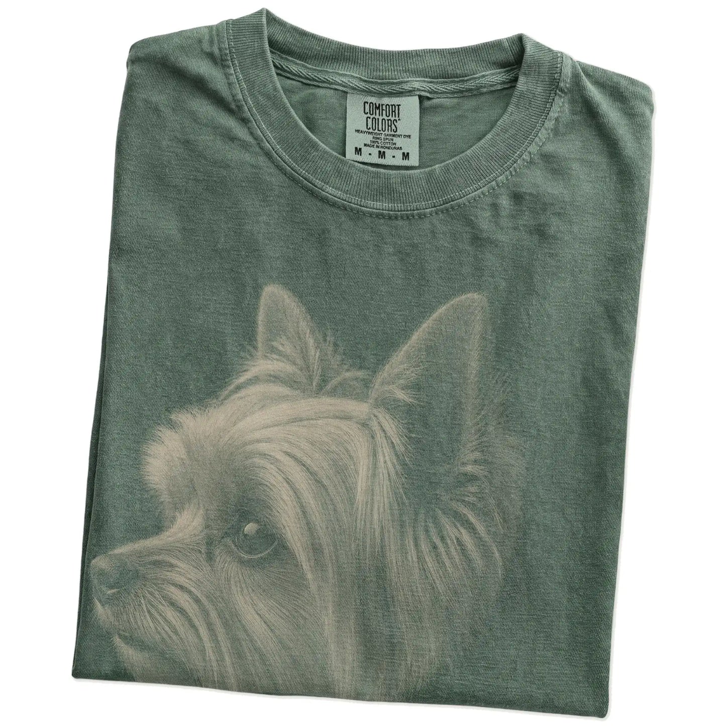 Folded Moss Comfort Colors® T-shirt showing a detailed photographic portrait of a Yorkie