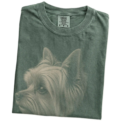 Folded Moss Comfort Colors® T-shirt showing a detailed photographic portrait of a Yorkie
