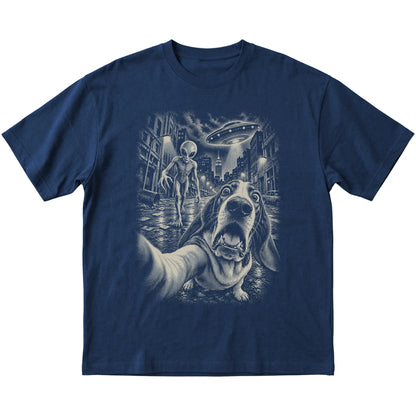 Basset Hound Alien Selfie Gildan Softstyle T-Shirt in Navy, flat view