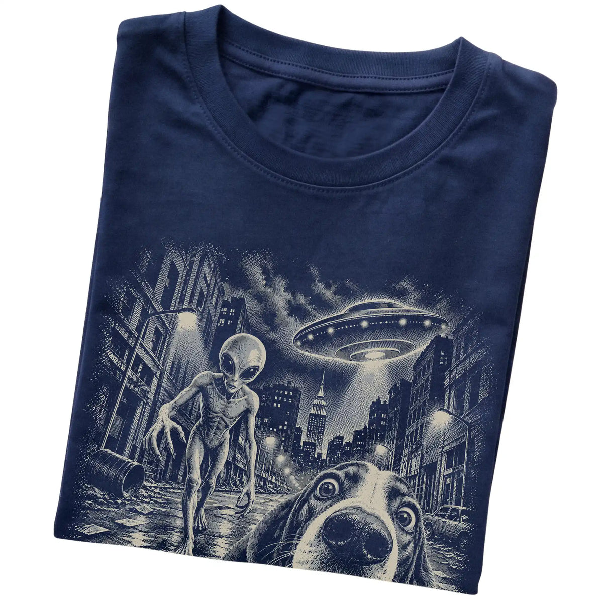 Basset Hound Alien Selfie Gildan Softstyle T-Shirt in Navy, folded view