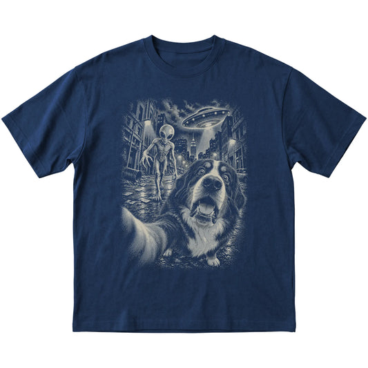 Bernese Mountain Dog Alien Selfie Gildan Softstyle T-Shirt in Navy, flat view
