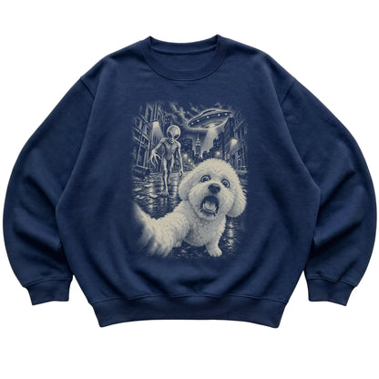 Bichon Frise Alien Selfie Gildan Crewneck Sweatshirt in Navy, flat view