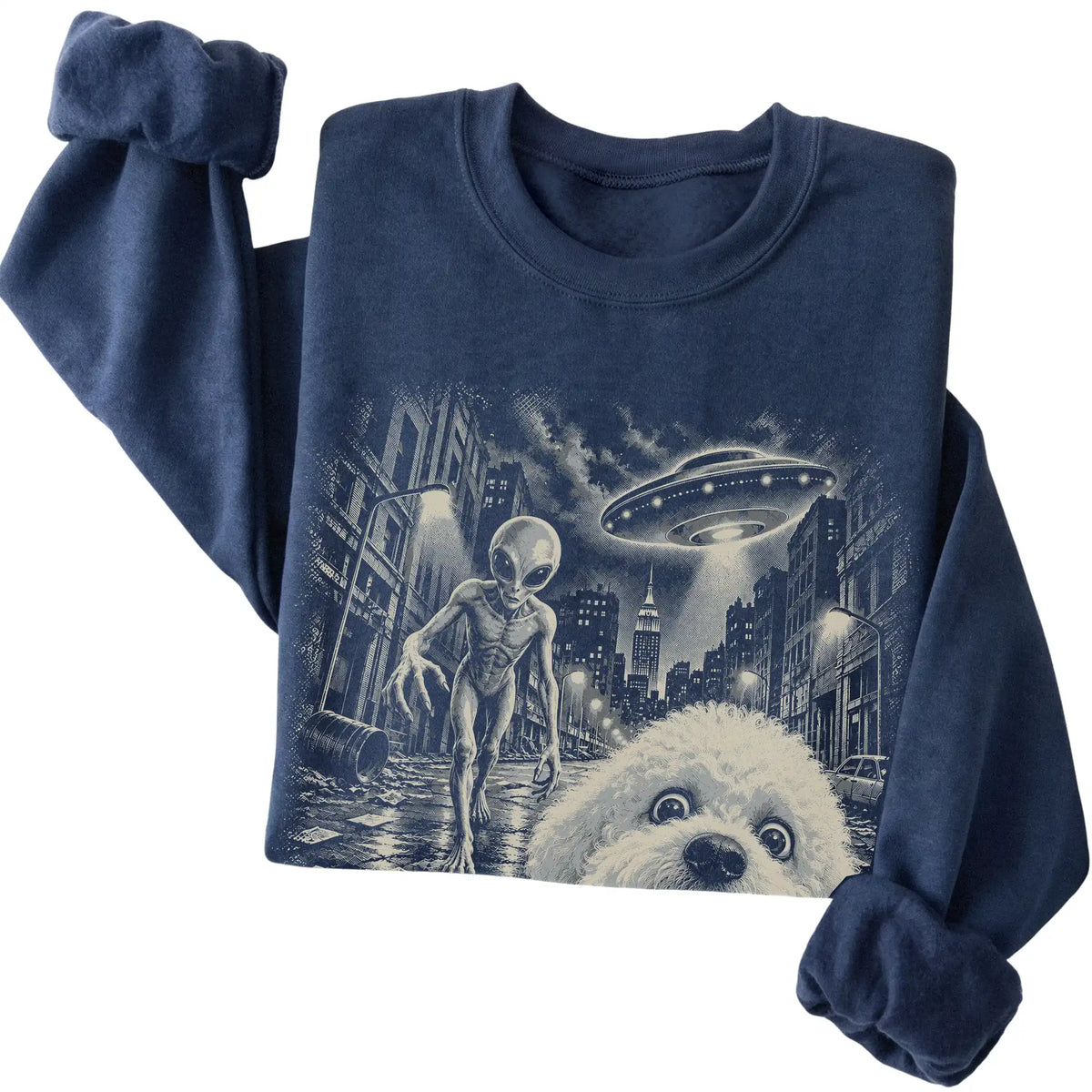 Bichon Frise Alien Selfie Gildan Crewneck Sweatshirt in Navy, folded view