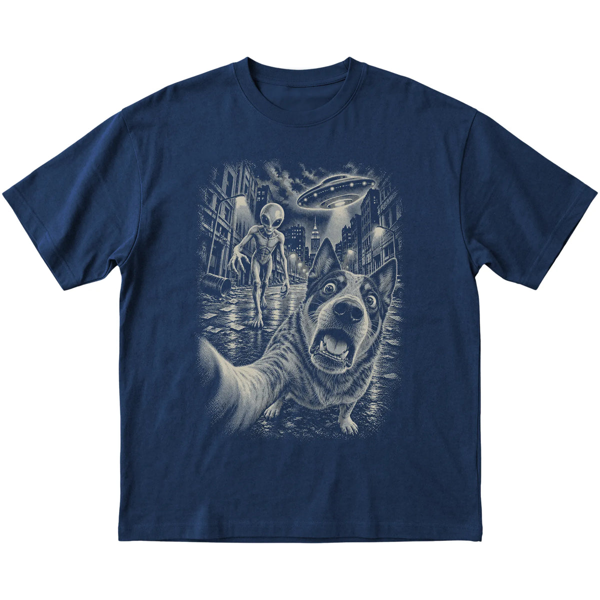Blue Heeler Alien Selfie Gildan Softstyle T-Shirt in Navy, flat view