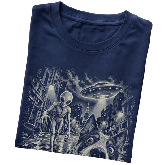 Blue Heeler Alien Selfie Gildan Softstyle T-Shirt in Navy, folded view