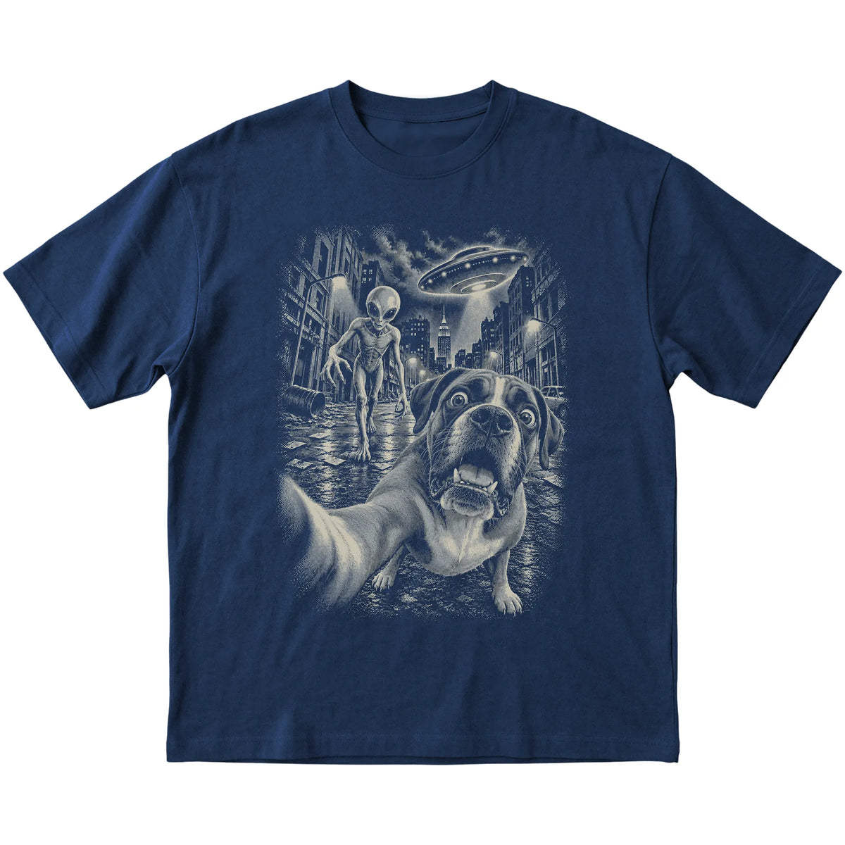 Boxer Alien Selfie Gildan Softstyle T-Shirt in Navy, flat view