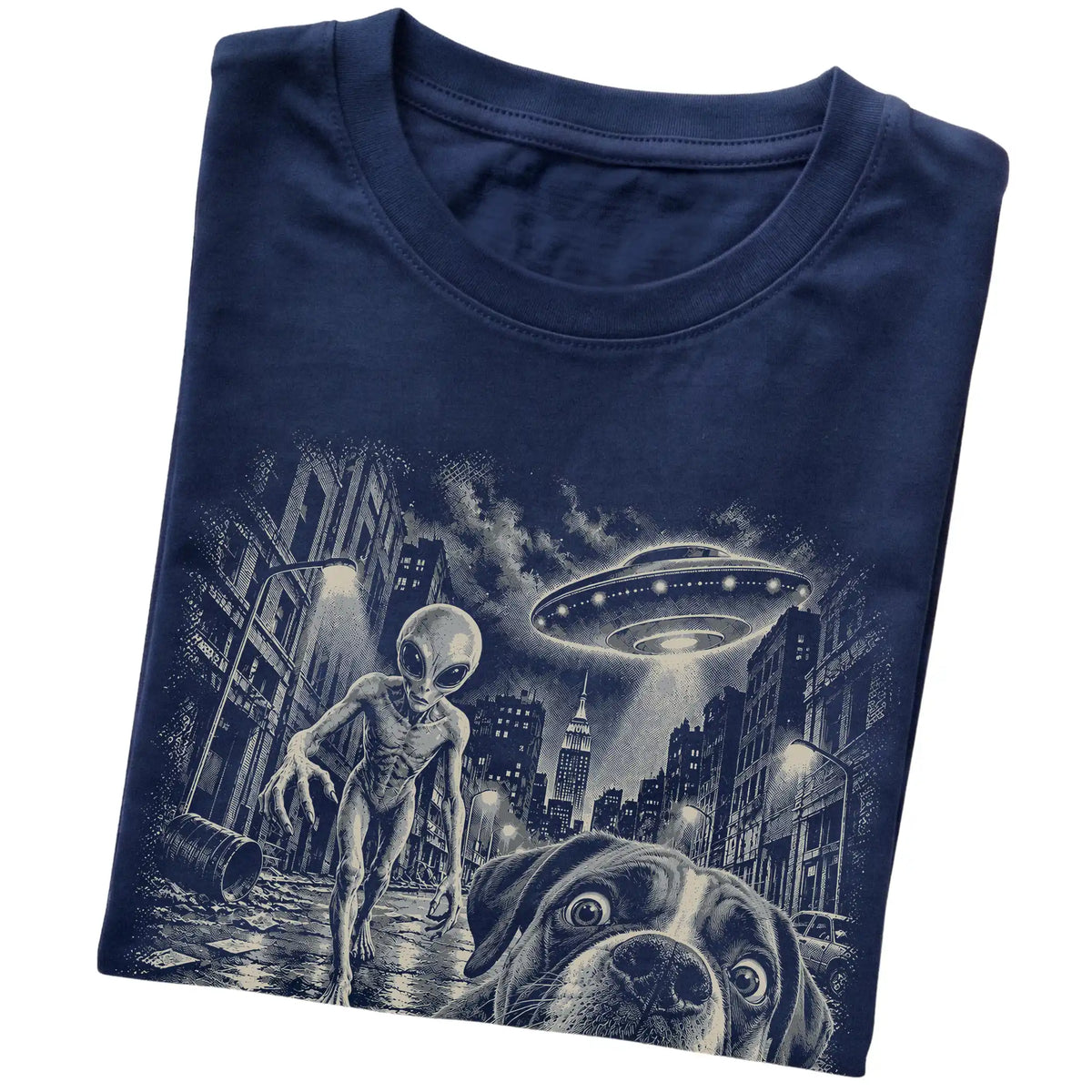 Boxer Alien Selfie Gildan Softstyle T-Shirt in Navy, folded view