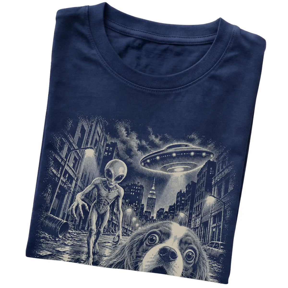 Cavalier King Charles Spaniel Alien Selfie Gildan Softstyle T-Shirt in Navy, folded view