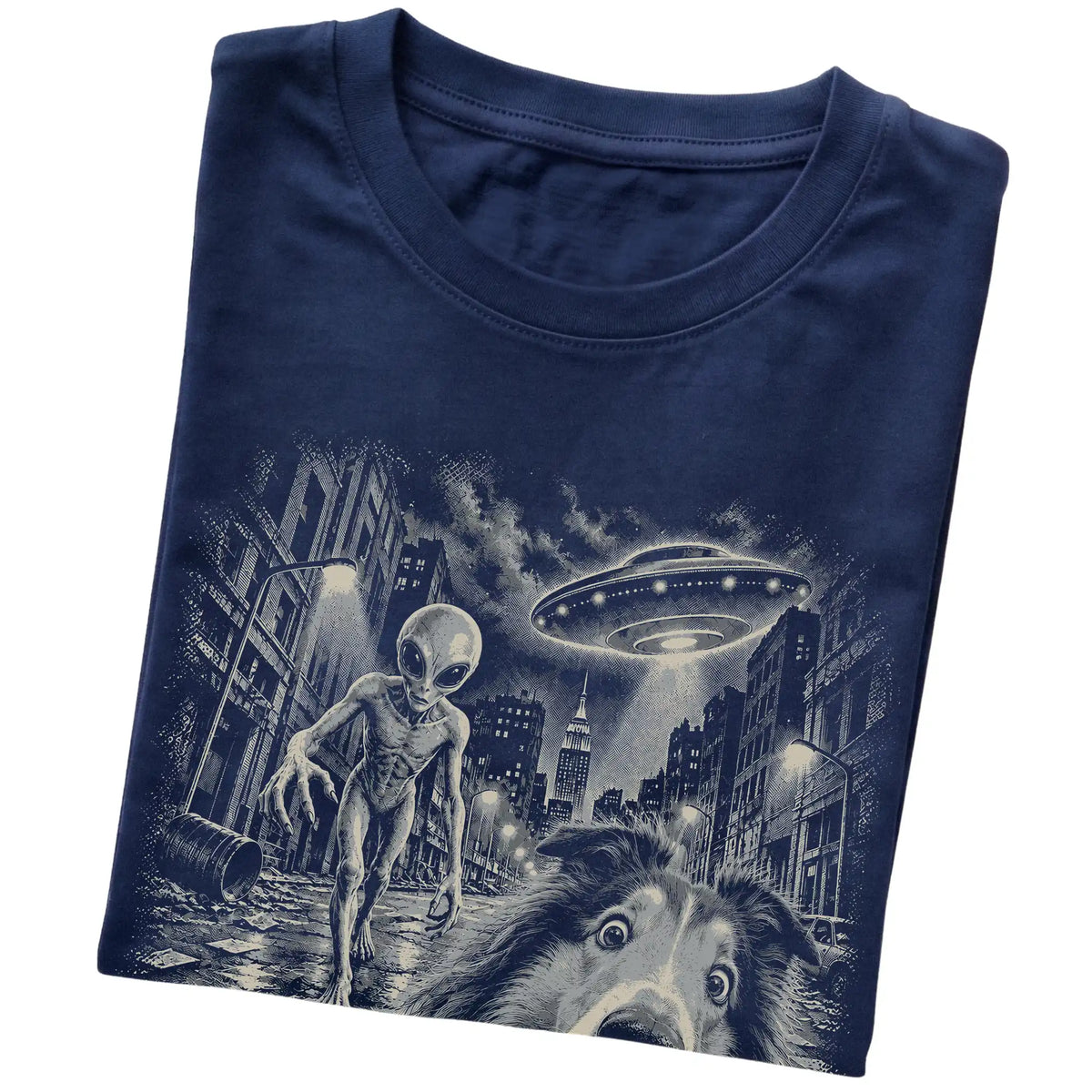 Collie Alien Selfie Gildan Softstyle T-Shirt in Navy, folded view