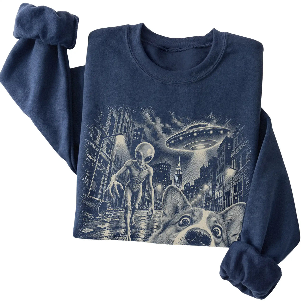 Corgi Alien Selfie Gildan Crewneck Sweatshirt in Navy, folded view