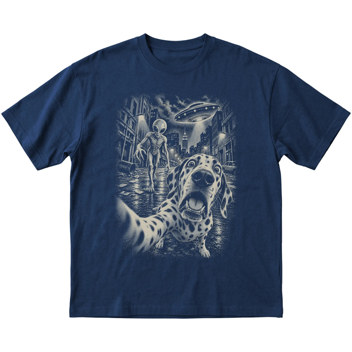 Dalmatian Alien Selfie Gildan Softstyle T-Shirt in Navy, flat view