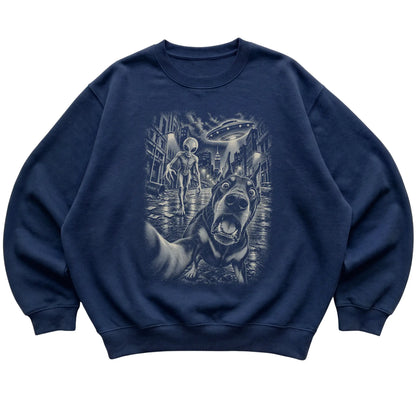 Doberman Alien Selfie Gildan Crewneck Sweatshirt in Navy, flat view