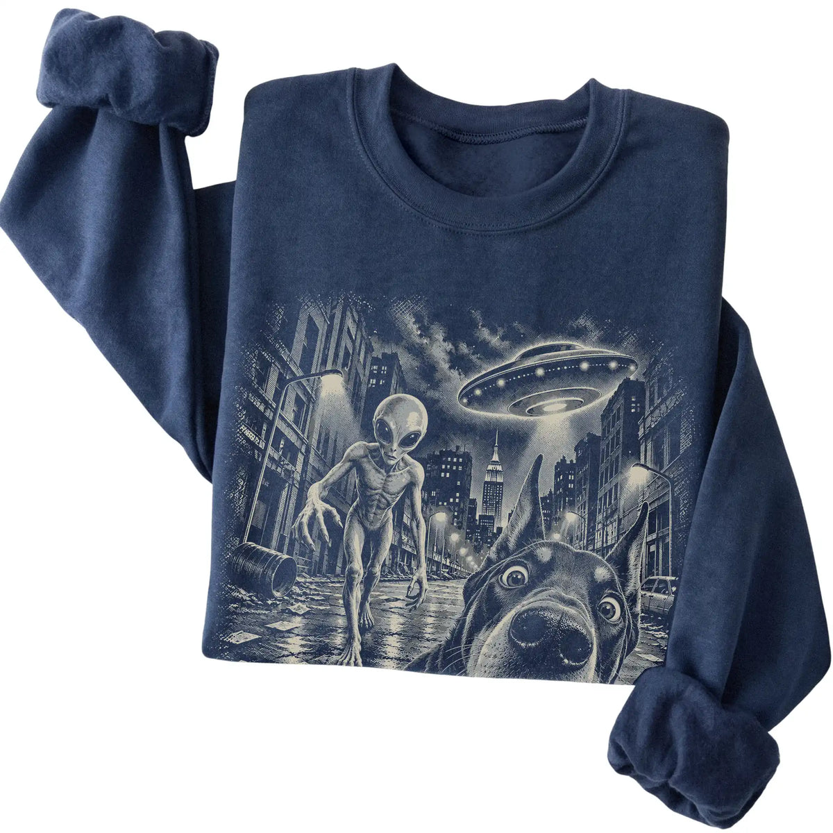 Doberman Alien Selfie Gildan Crewneck Sweatshirt in Navy, folded view