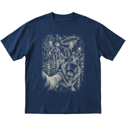 German Shepherd Alien Selfie Gildan Softstyle T-Shirt in Navy, flat view